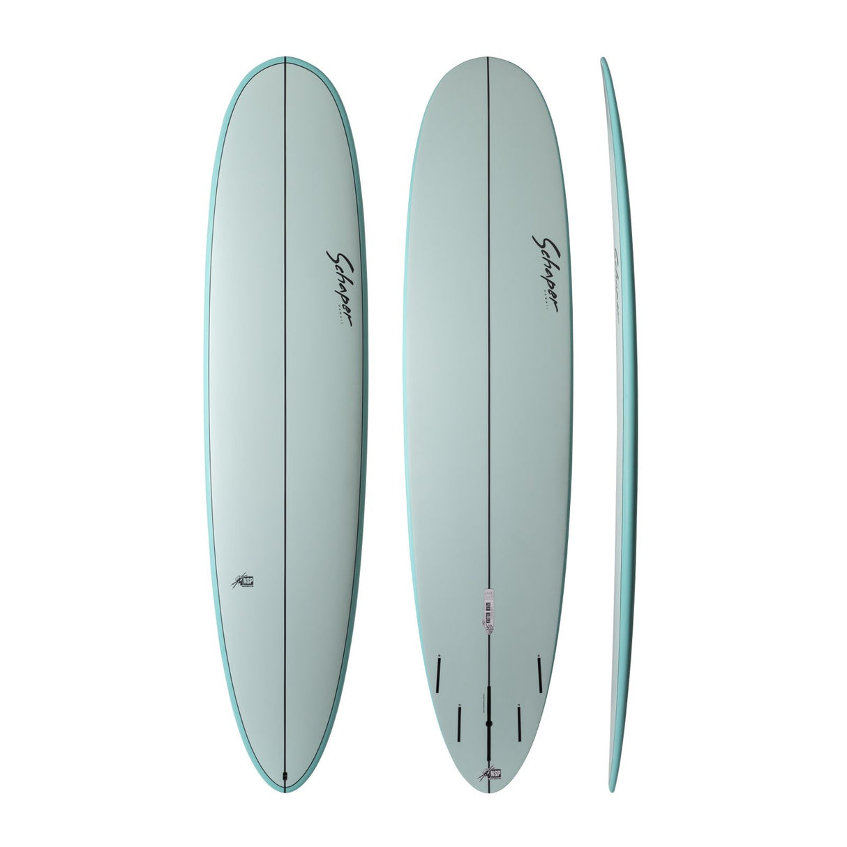 NSP 2026 Butter Knife Surfboard in hellem Graugrün, Draufsicht und Seitenansicht, Funboard mit abgerundeter Nose