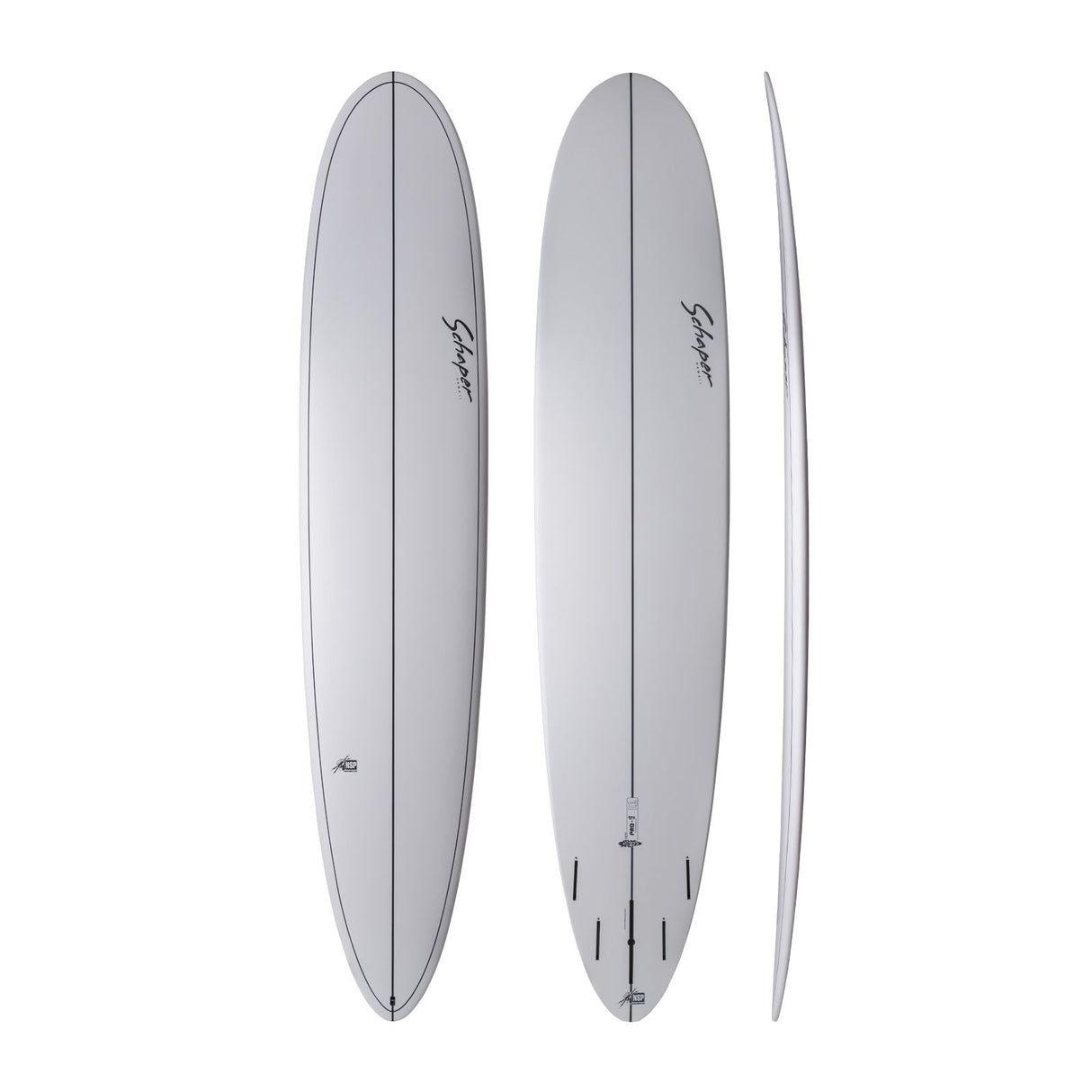 NSP 2026 Pro 9 Surfboard in Grau, Top- und Seitensicht, längliches Design mit Finnen