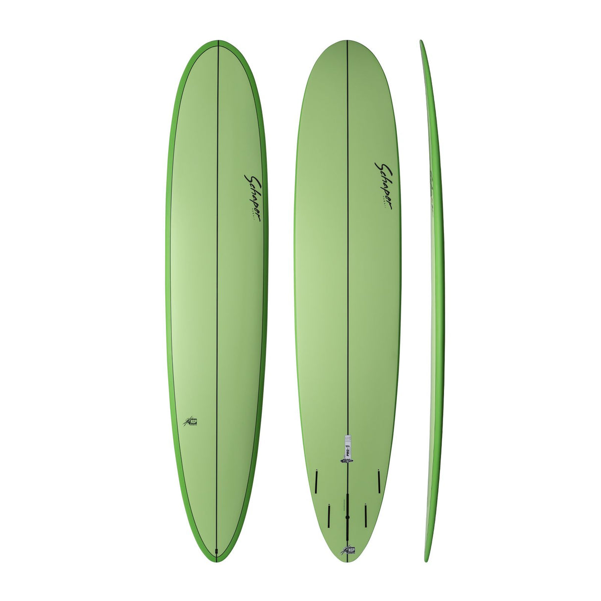 NSP 2026 Pro 9 Surfboard grün, Draufsicht und Seitenansicht, Funboard mit dunkelgrüner Kante