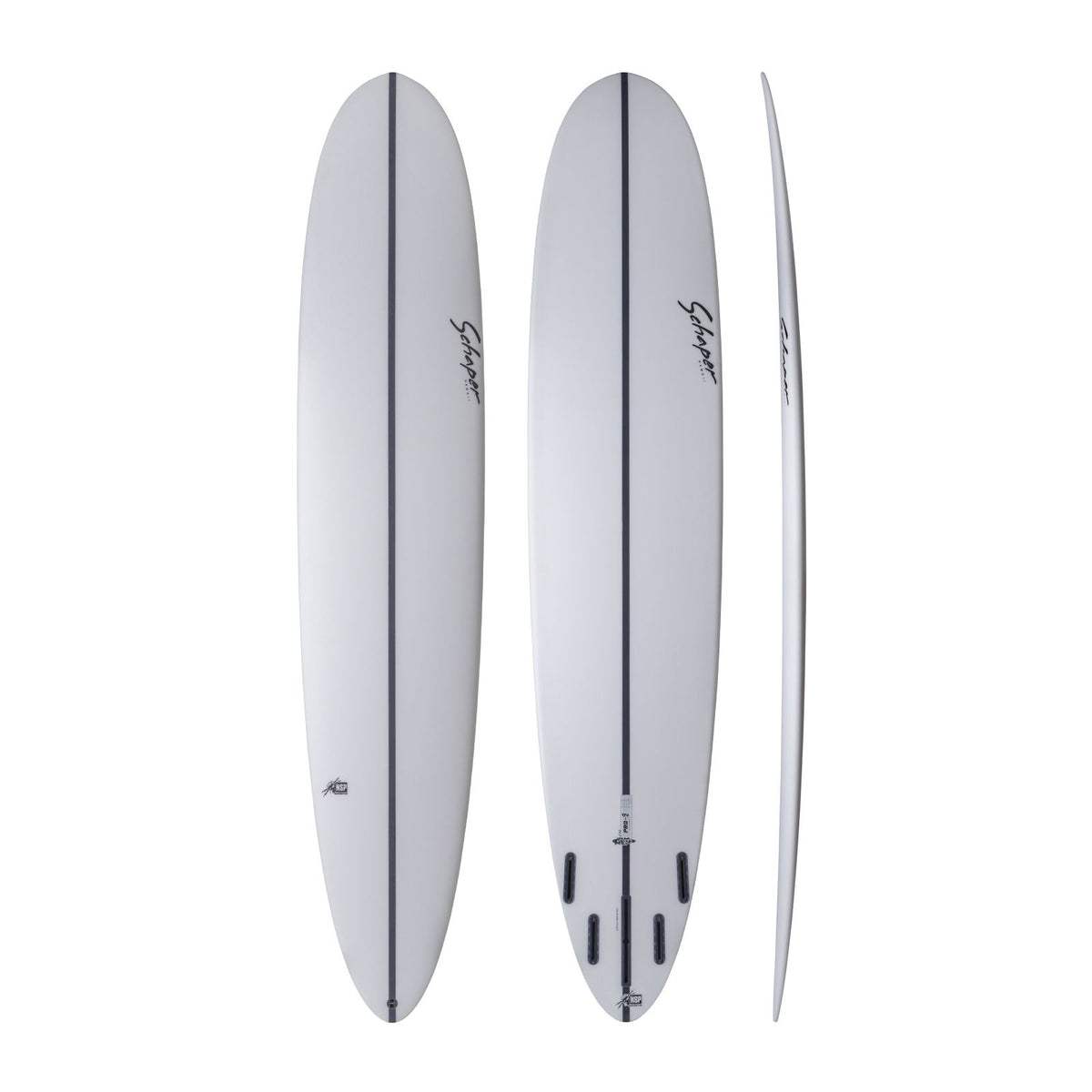 NSP 2026 Pro 9 Surfboard in Weiß, 360-Grad-Ansicht mit Deck-, Boden- und Seitenansicht