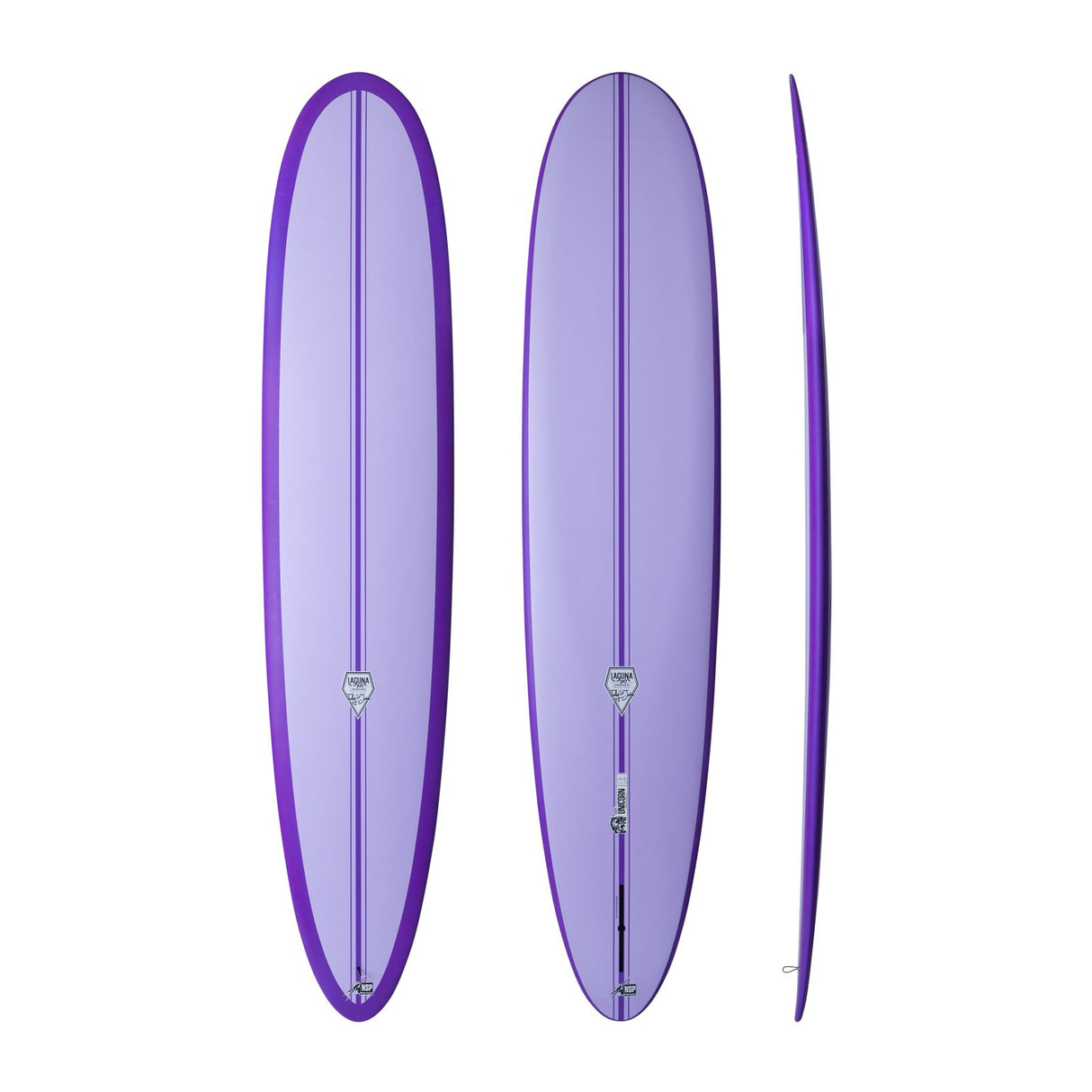 NSP 2026 Unicorn Surfboard in Violett, Draufsicht und Seitenansicht, längliches Design mit gerundeter Spitze