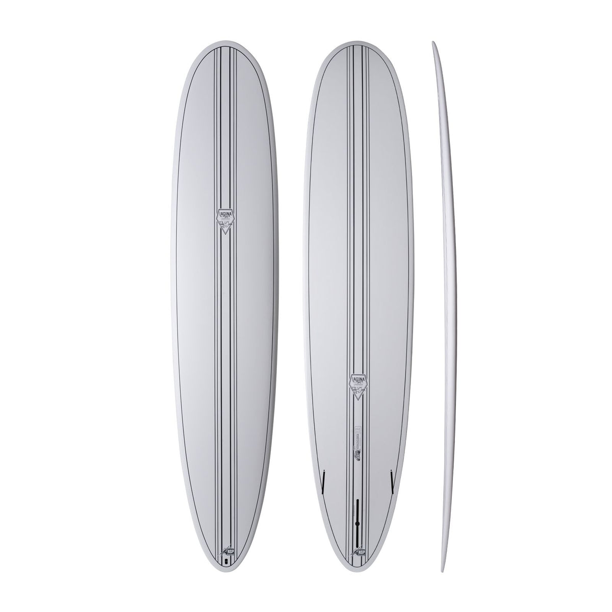 NSP 2026 Overdrive Surfboard grau, drei Ansichten, Draufsicht und Seitenprofil