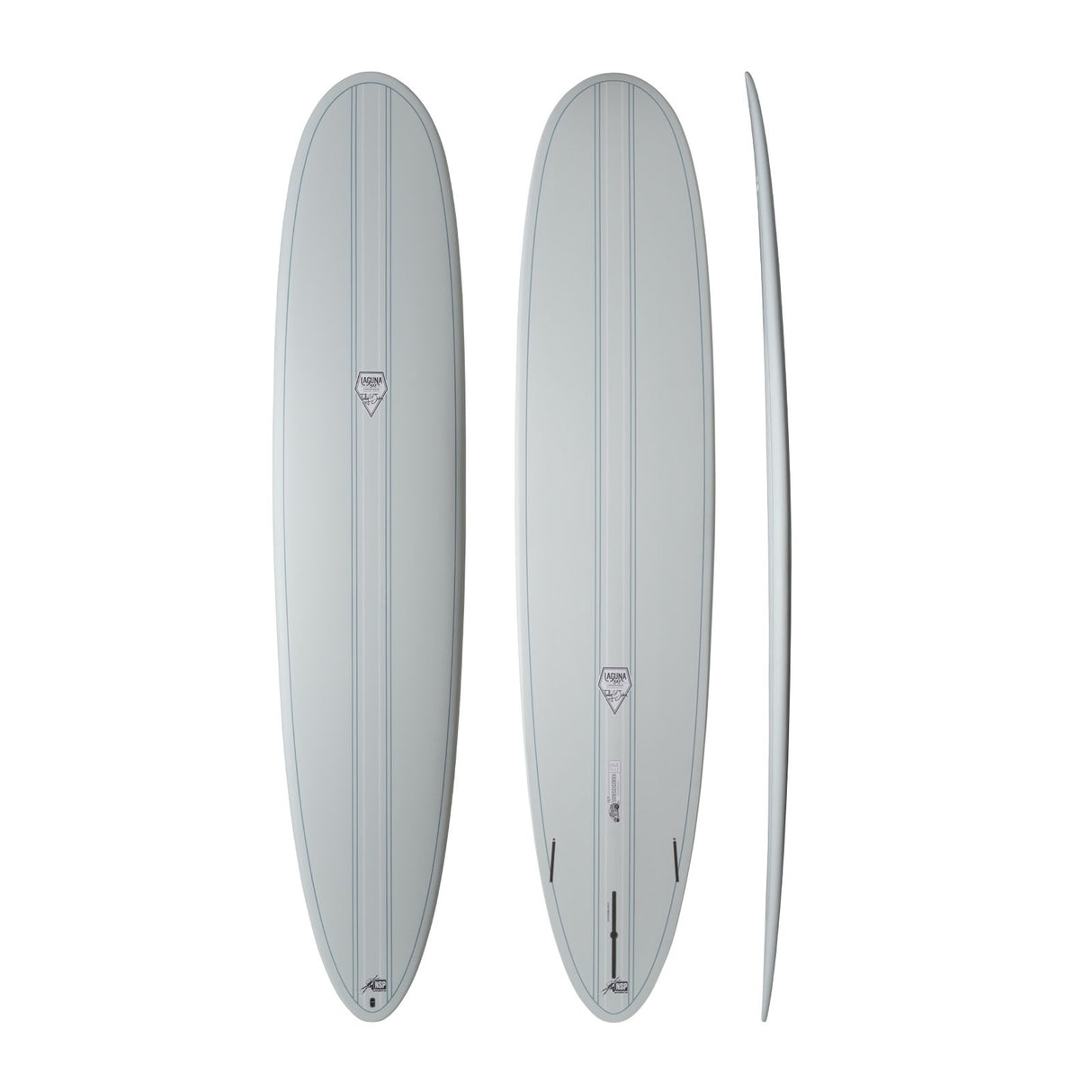 NSP 2026 Overdrive Surfboard in Grau, drei Ansichten von oben und Seitenprofil