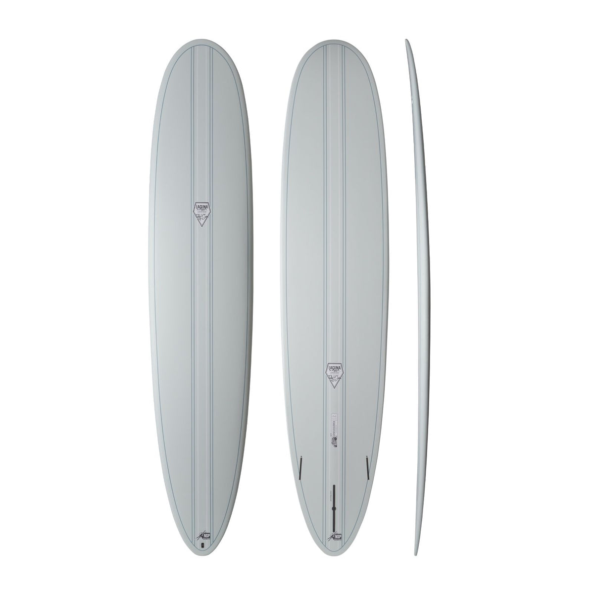 NSP 2026 Overdrive Surfboard in Grau, drei Ansichten von oben und Seitenprofil