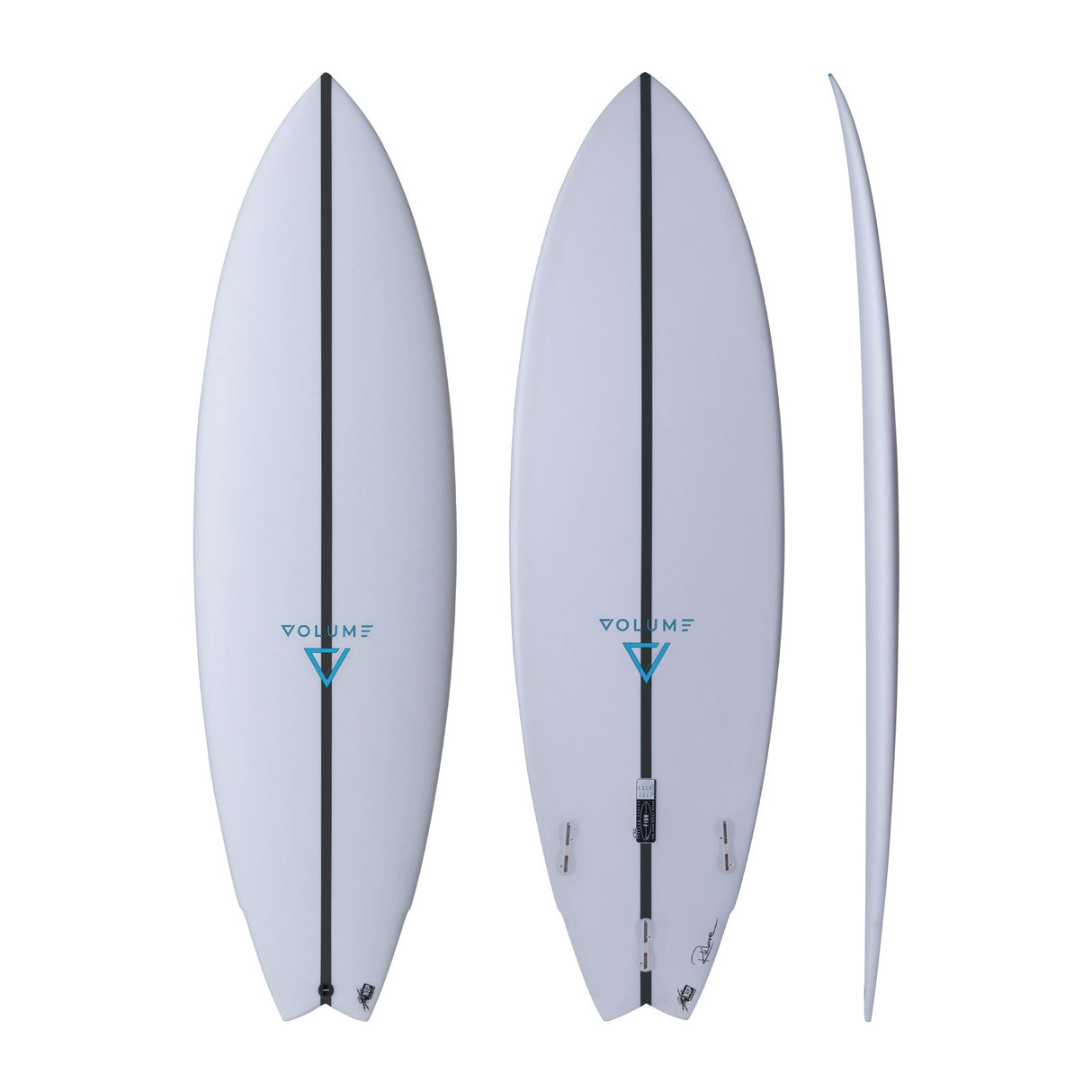 NSP 2026 Volume Fish Surfboard in Weiß, Draufsicht und Seitenansicht, Fish-Form mit schwarzem Streifen