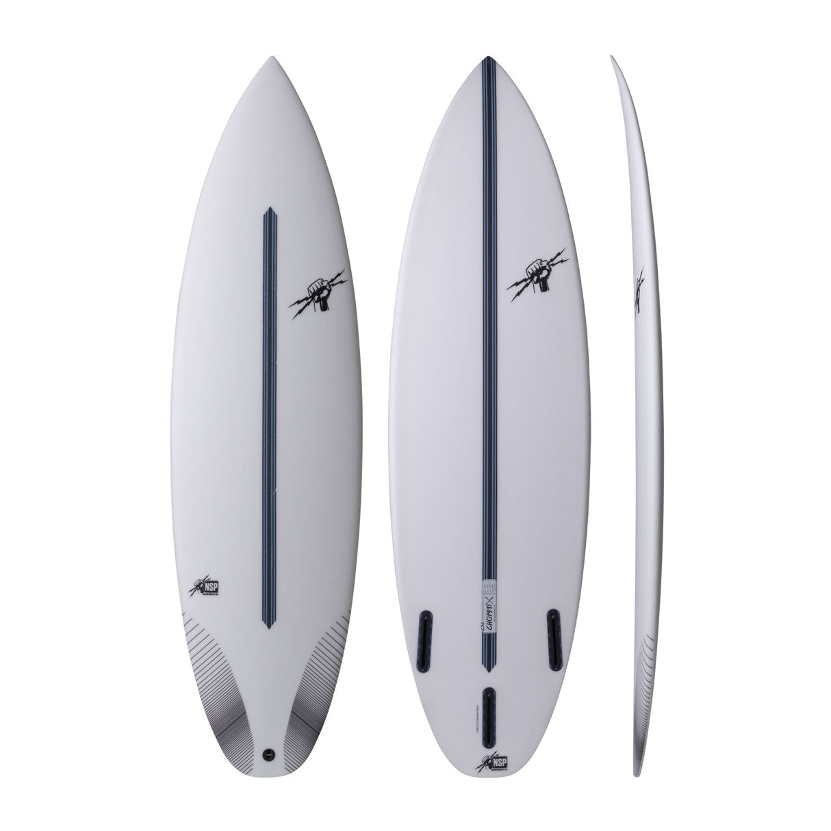 NSP 2026 Chopstix Surfboard in Weiß, drei Ansichten von oben, unten und Seite
