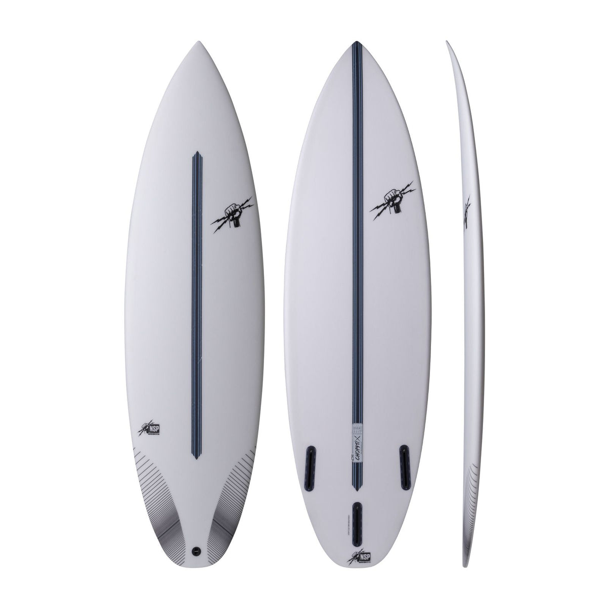 NSP 2026 Chopstix Surfboard in Weiß, drei Ansichten von oben, unten und Seite