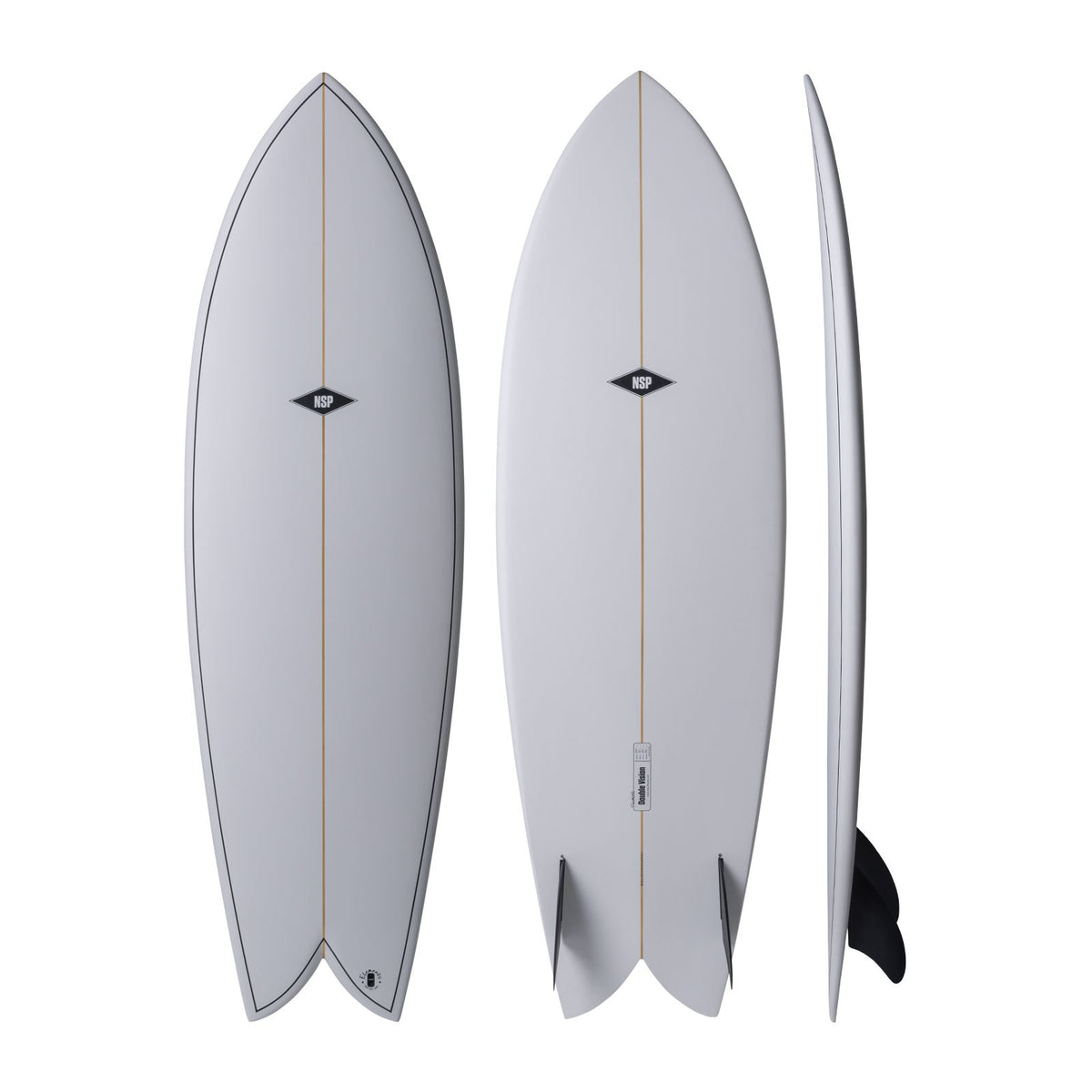 NSP 2026 Double Vision Surfboard, grau, drei Ansichten von oben, vorne und Seite