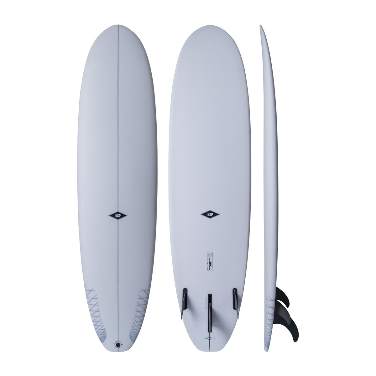 NSP 2026 Double Up Surfboard hellblau, Draufsicht und Seitenansicht mit Finnen
