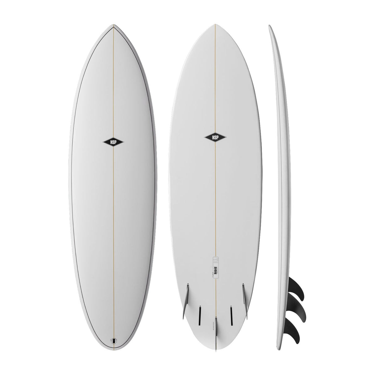 NSP 2026 Hybrid Surfboard weiß, drei Ansichten von vorne, hinten und Seite