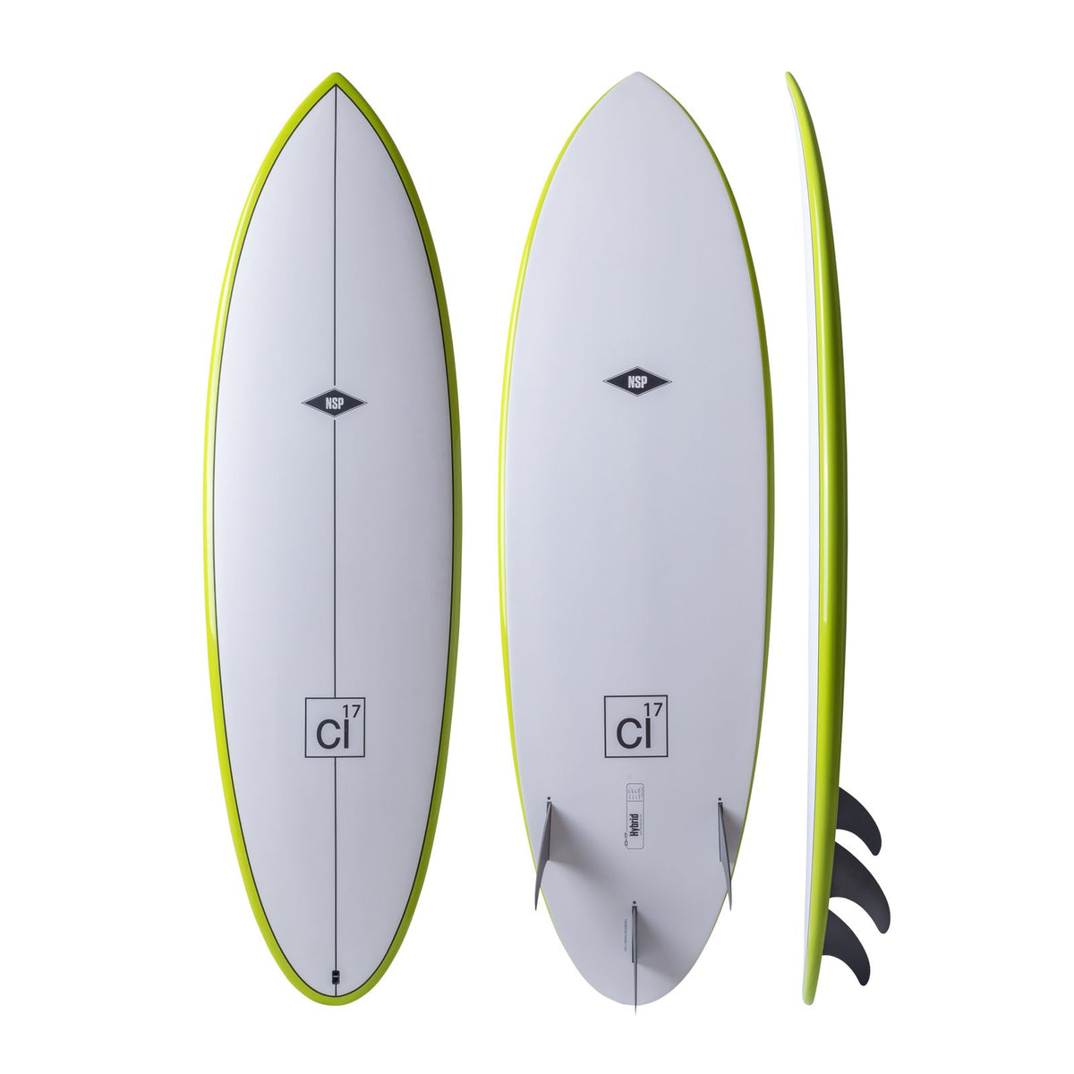 NSP 2026 Hybrid Surfboard weiß mit neongelber Kante, Draufsicht und Seitenansicht