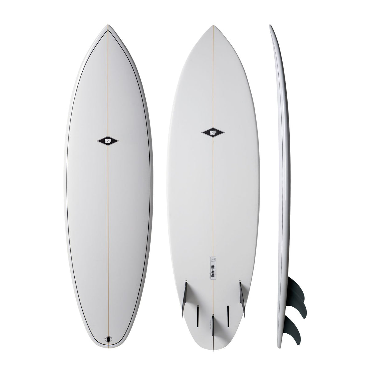 NSP 2026 Tinder-D8 Surfboard weiß, drei Ansichten: oben, unten und Seitenprofil