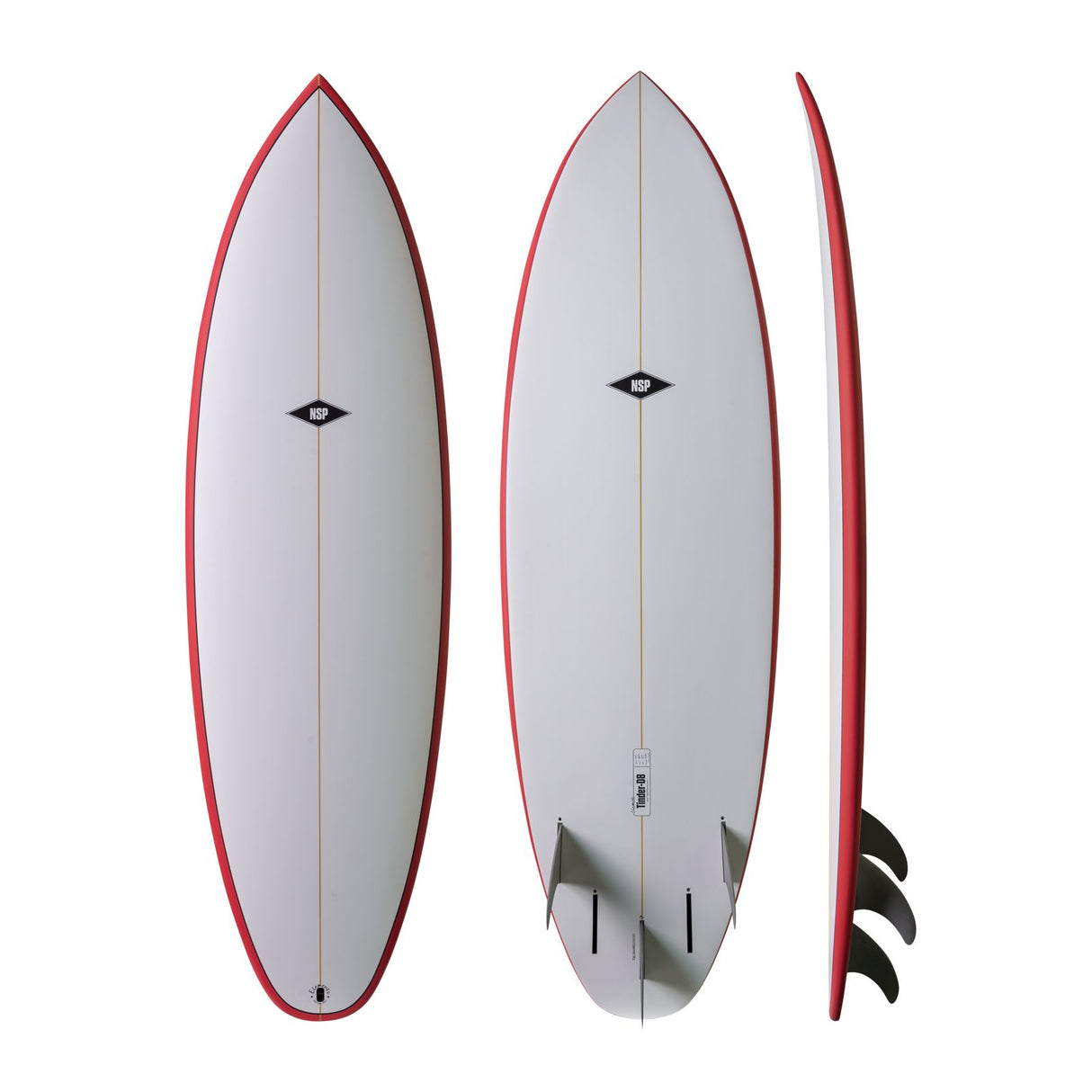 NSP 2026 Tinder-D8 Surfboard mit roter Kante, weiße Oberseite, drei Ansichten von oben und Seite