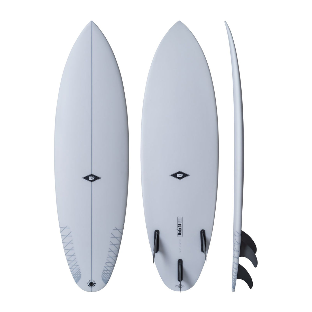 NSP 2026 Tinder-D8 Surfboard hellblau, drei Ansichten mit schwarzen Finnen