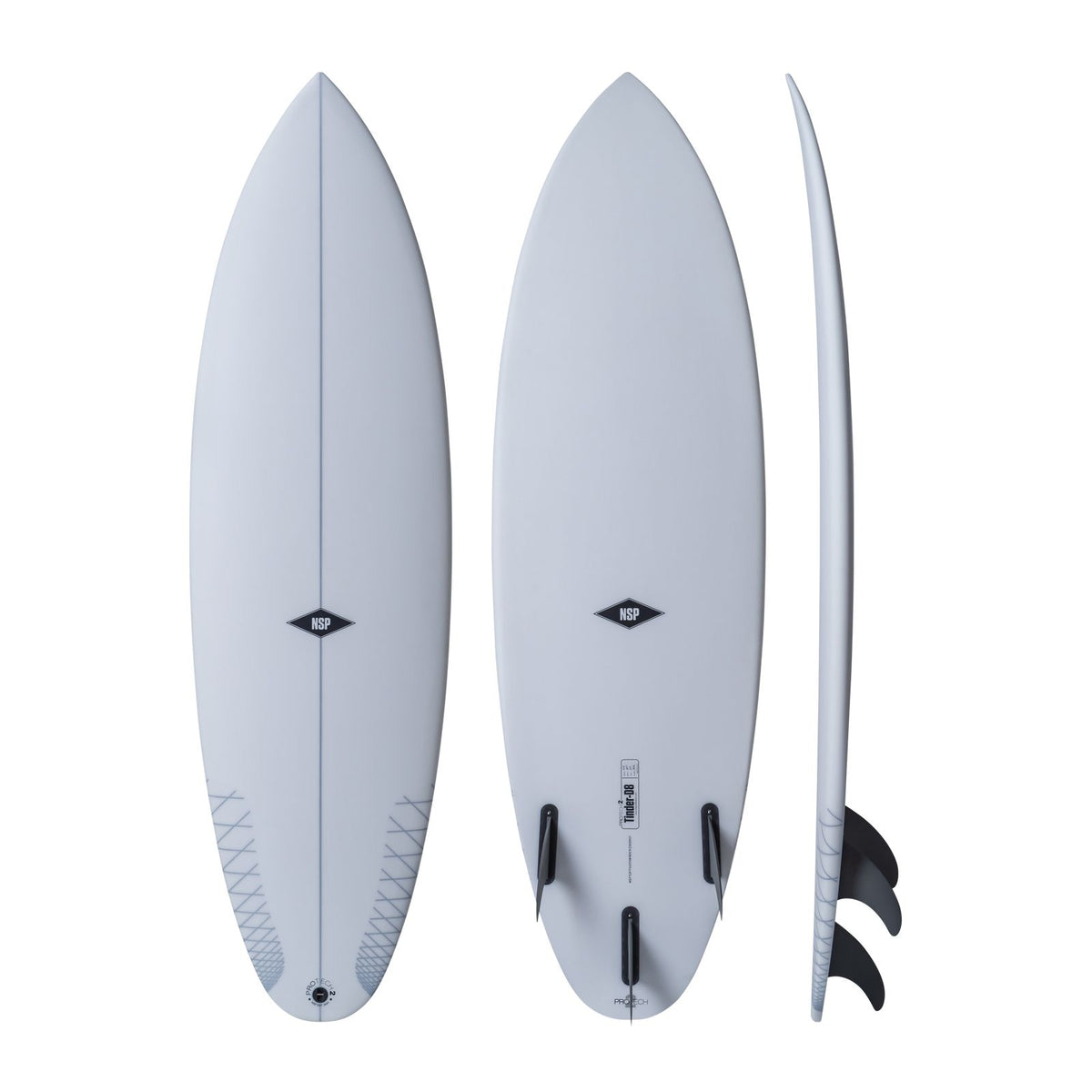 NSP 2026 Tinder-D8 Surfboard hellblau, drei Ansichten mit schwarzen Finnen