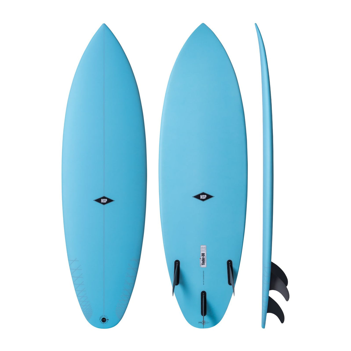 NSP 2026 Tinder-D8 Surfboard in hellem Blau, dreifache Ansicht von oben, Seite und Boden mit schwarzen Finnen