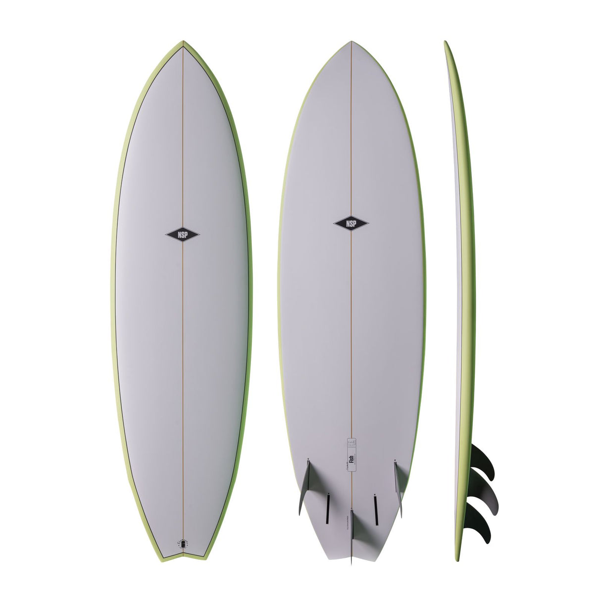 NSP 2026 Fish Surfboard, grau mit grüner Kante, drei Ansichten von oben, unten und Seitenprofil