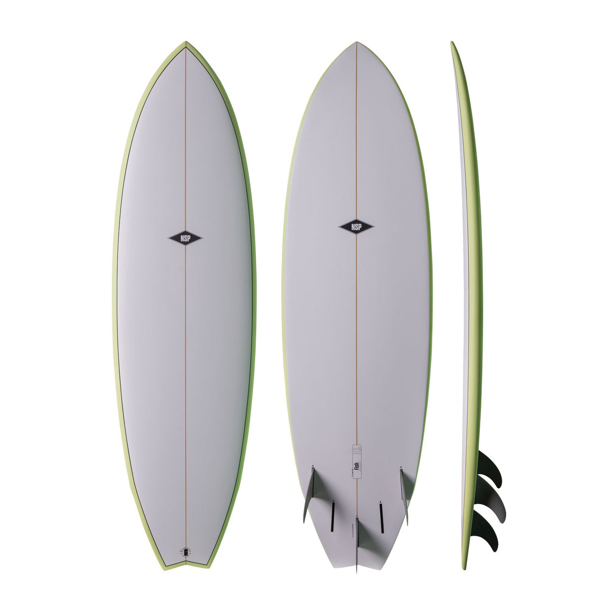 NSP 2026 Fish Surfboard, grau mit grüner Kante, drei Ansichten von oben, unten und Seitenprofil
