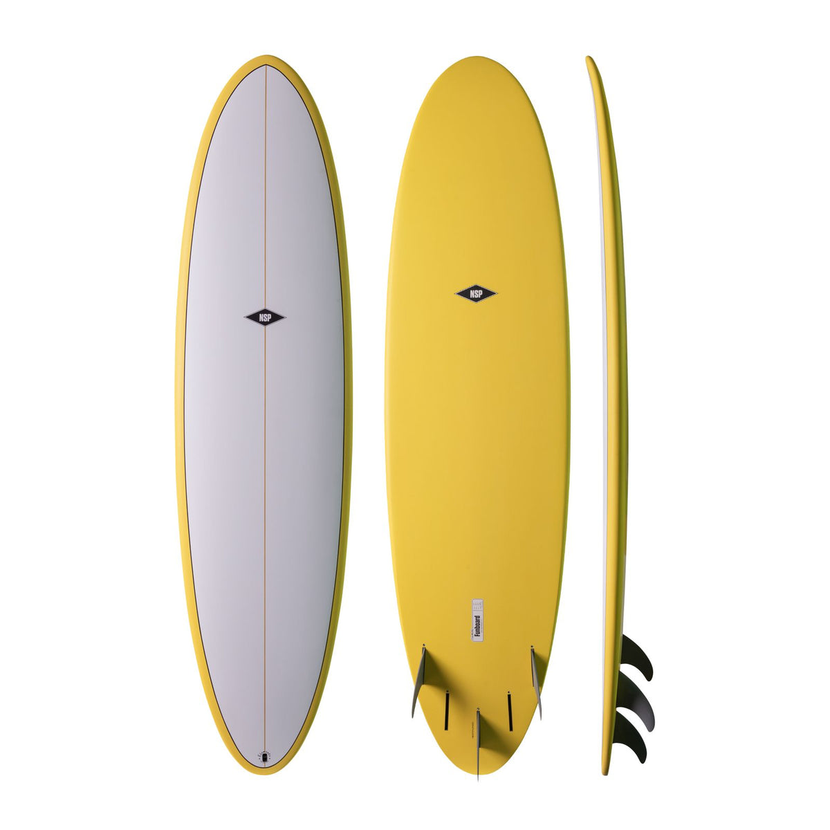 NSP 2026 Fun Surfboard in Gelb mit goldenem Rail, drei Ansichten: Draufsicht, Bauch und Seitenprofil
