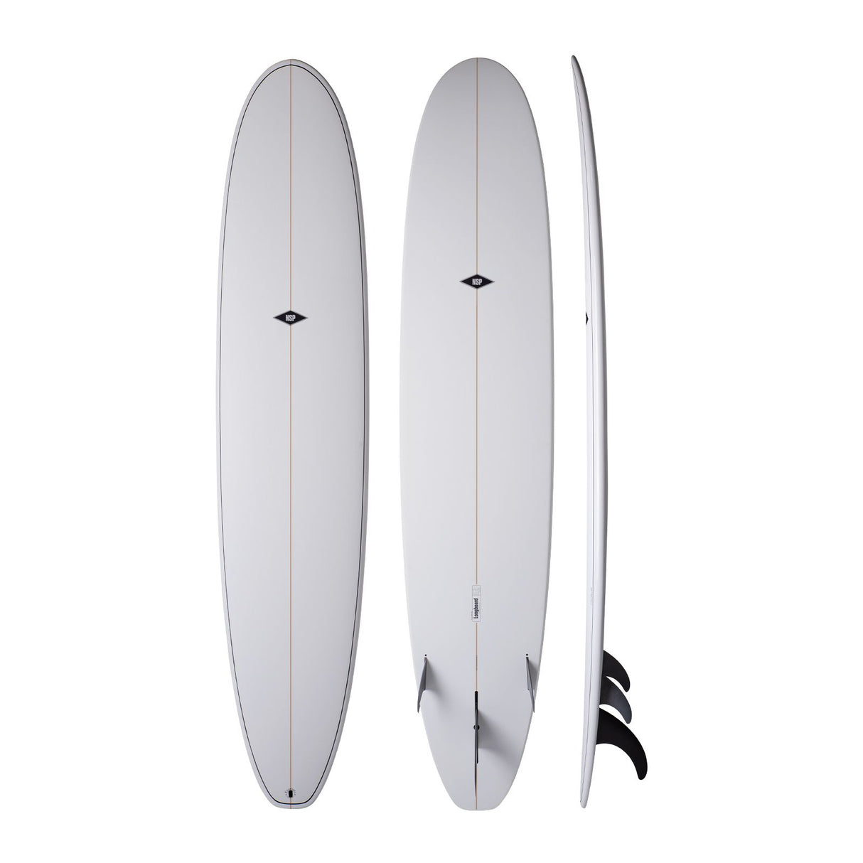 NSP 2026 Long Surfboard weiß, drei Ansichten von oben und Seite, mit Finnen