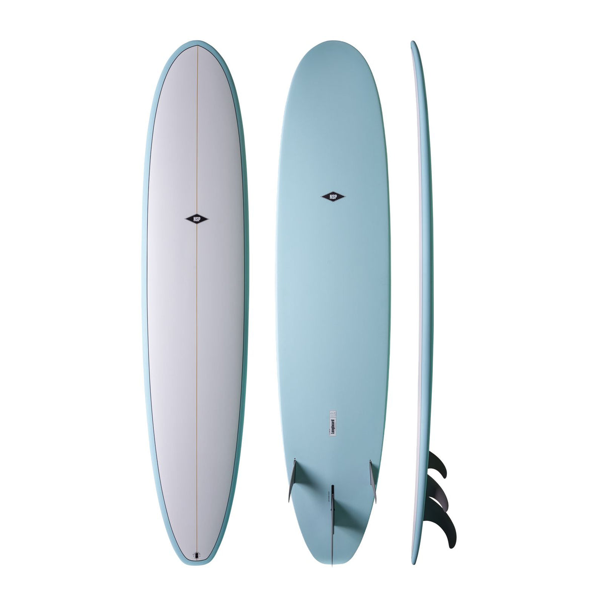 NSP 2026 Long Surfboard in Weiß und Blau, drei Ansichten mit Finnen