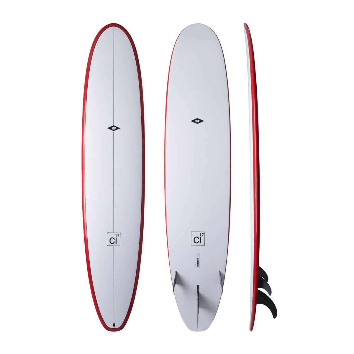 NSP 2026 Long Surfboard, Weiß mit roter Kante, drei Ansichten