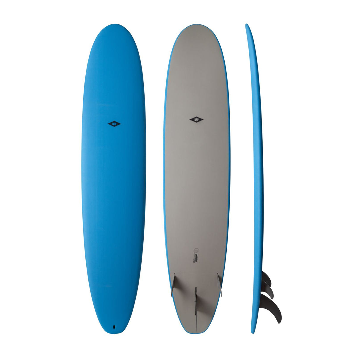 NSP 2026 Long Surfboard in Blau und Grau, Mehrperspektiven-Ansicht von vorne und Seite