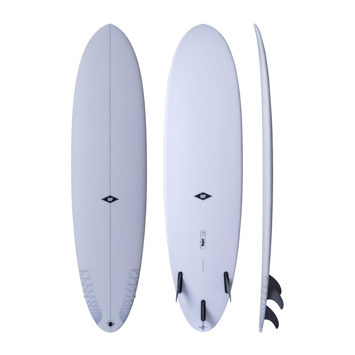 NSP 2026 Magnet Surfboard, hellblau, Draufsicht und Seitenansicht mit schwarzen Finnen