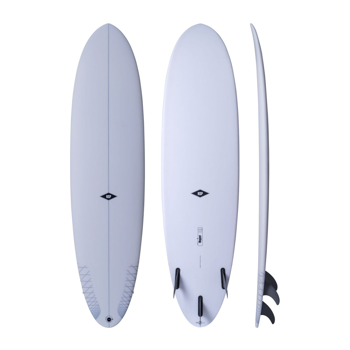 NSP 2026 Magnet Surfboard, hellblau, Draufsicht und Seitenansicht mit schwarzen Finnen