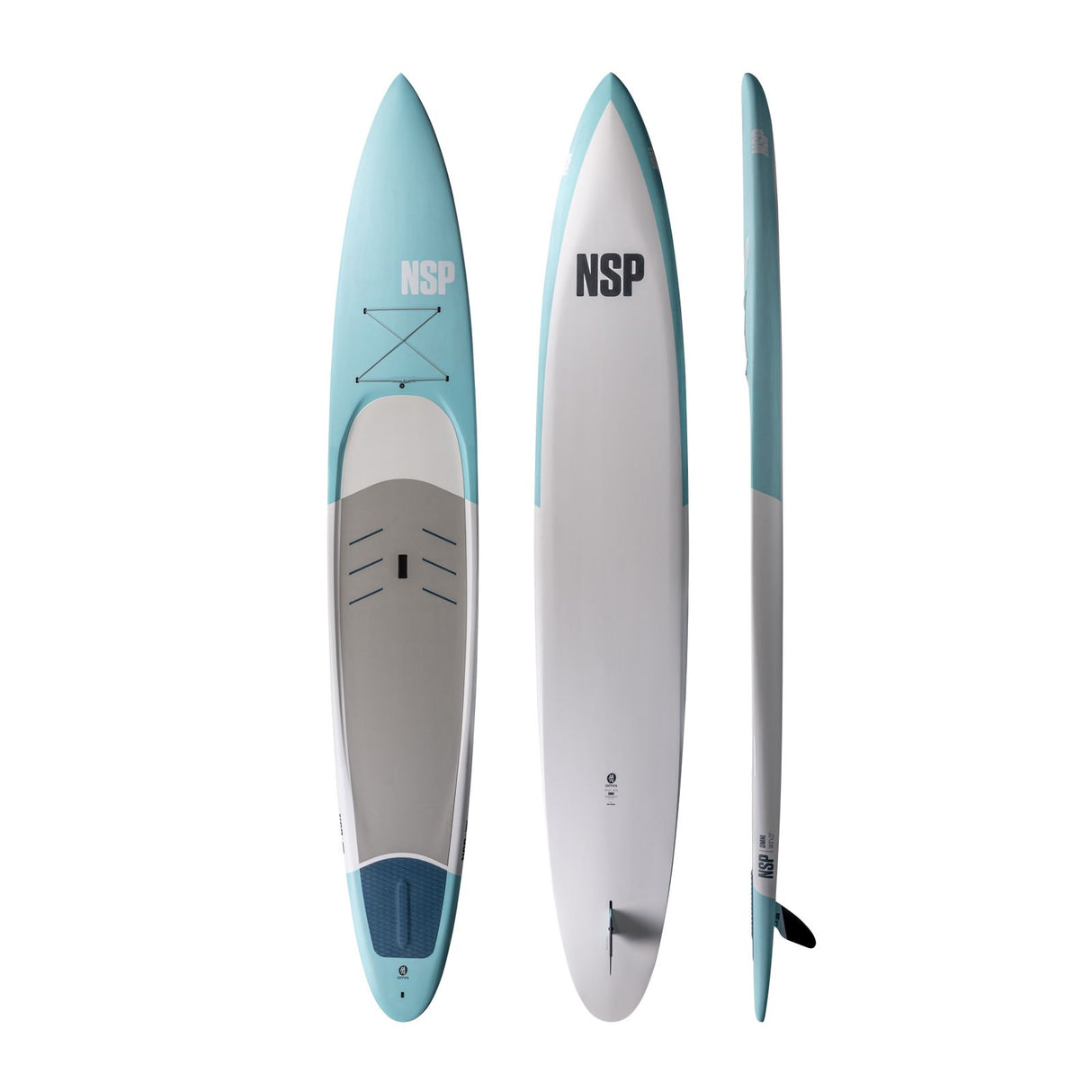 NSP 2026 Omni Touring SUP Board, blau-weiß, drei Perspektiven, oben, vorne und Seitenprofil
