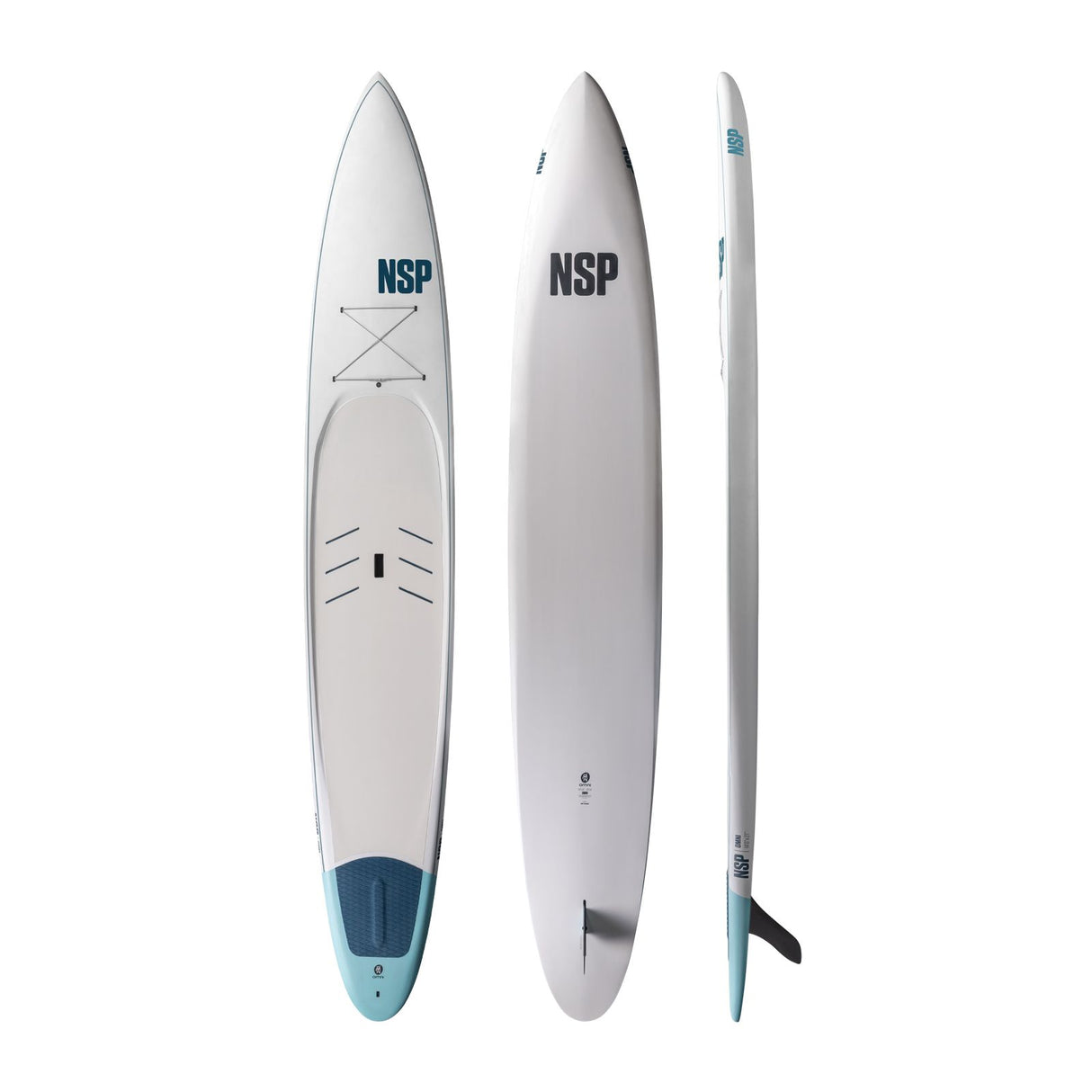 NSP 2026 Omni Sup Board weiß mit blauem Finbox, drei Ansichten von oben, unten und Seite