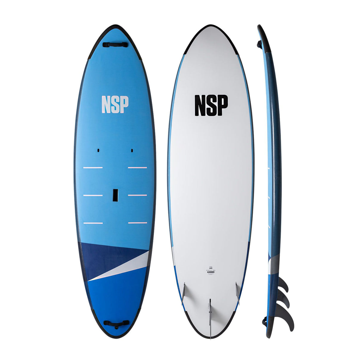 NSP 2026 Allrounder Surfboard blau-weiß, Draufsicht und Seitenansicht mit Finnen