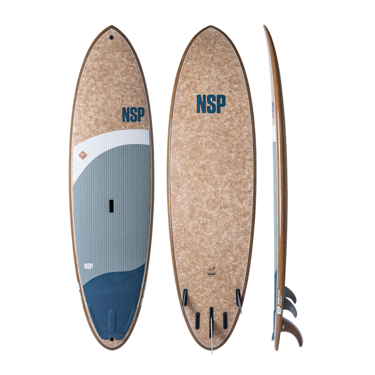 NSP 2026 Allrounder Surfboard, Kork-Oberfläche, blau-weiß, drei Ansichten mit Finnen