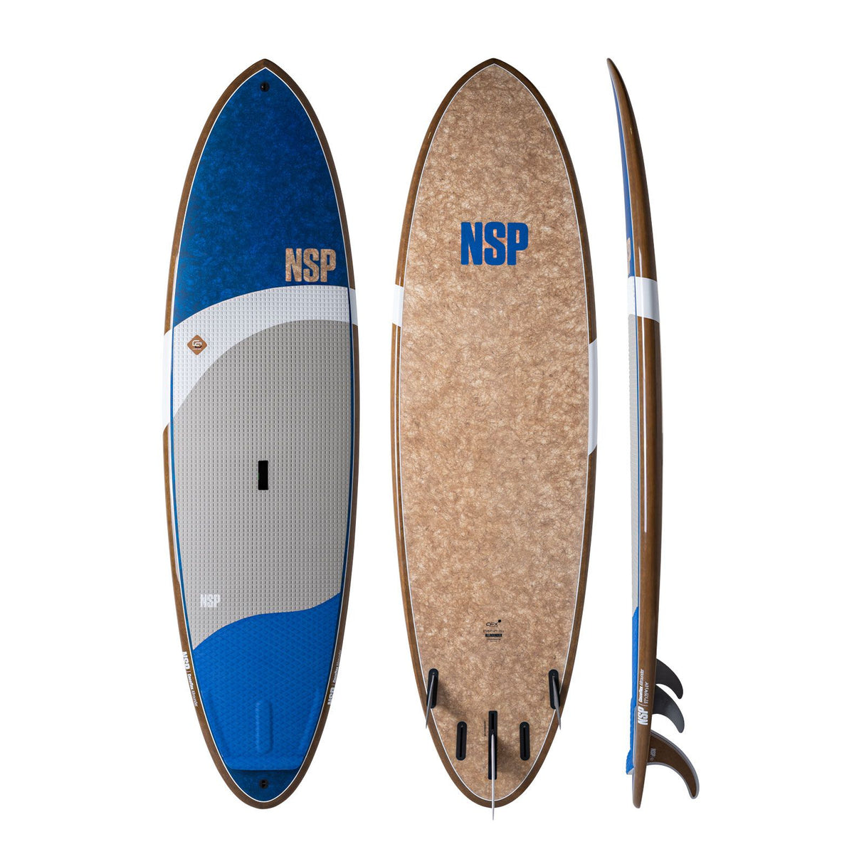 NSP 2026 Allrounder Surfboard blau-weiß-beige mit Korkoberfläche, Draufsicht und Seitenansicht