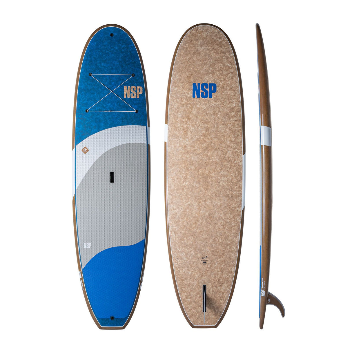 NSP 2026 Cruise Surfboard, blau-weiß, Draufsicht und Unterseite, mit Korkoberfläche und Finne