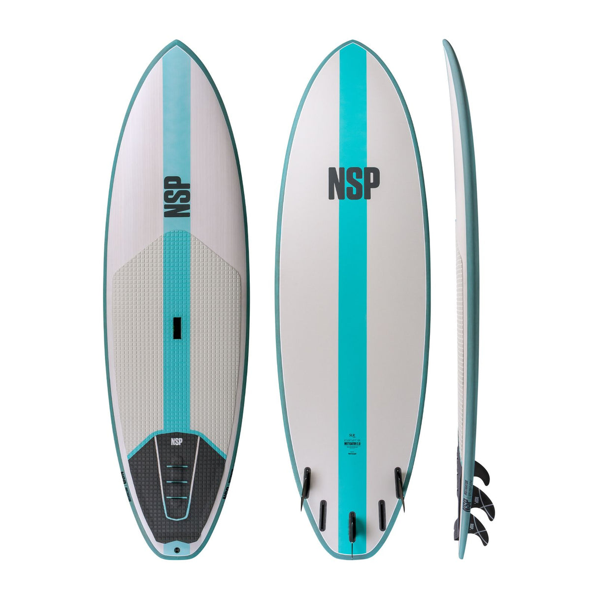 NSP 2026 Instigator 2.0 Surfboard in Weiß und Türkis, Draufsicht und Seitenansicht mit Finnen