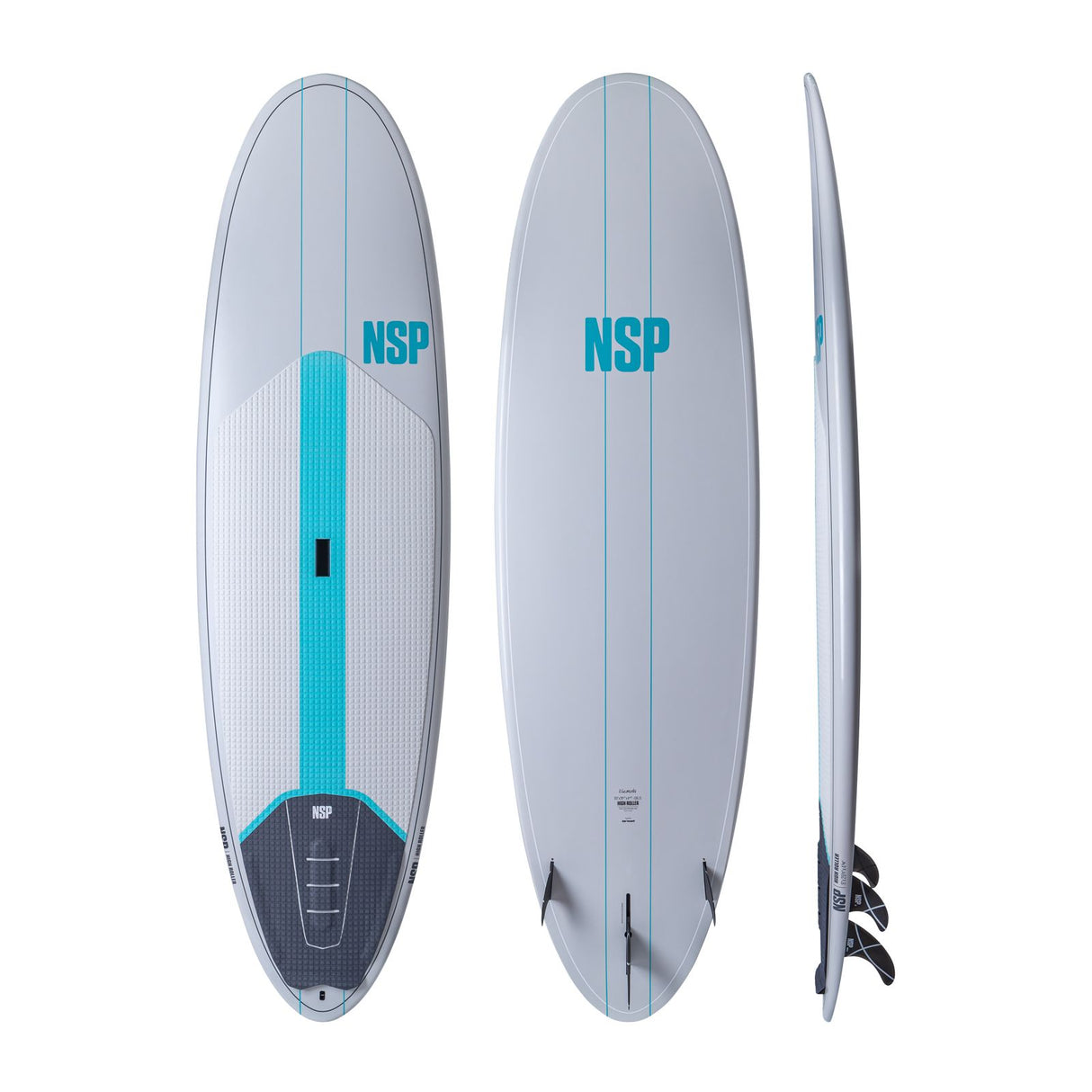 NSP 2026 High Roller Surfboard in Grau mit türkisem Streifen, Draufsicht und Seitenansicht