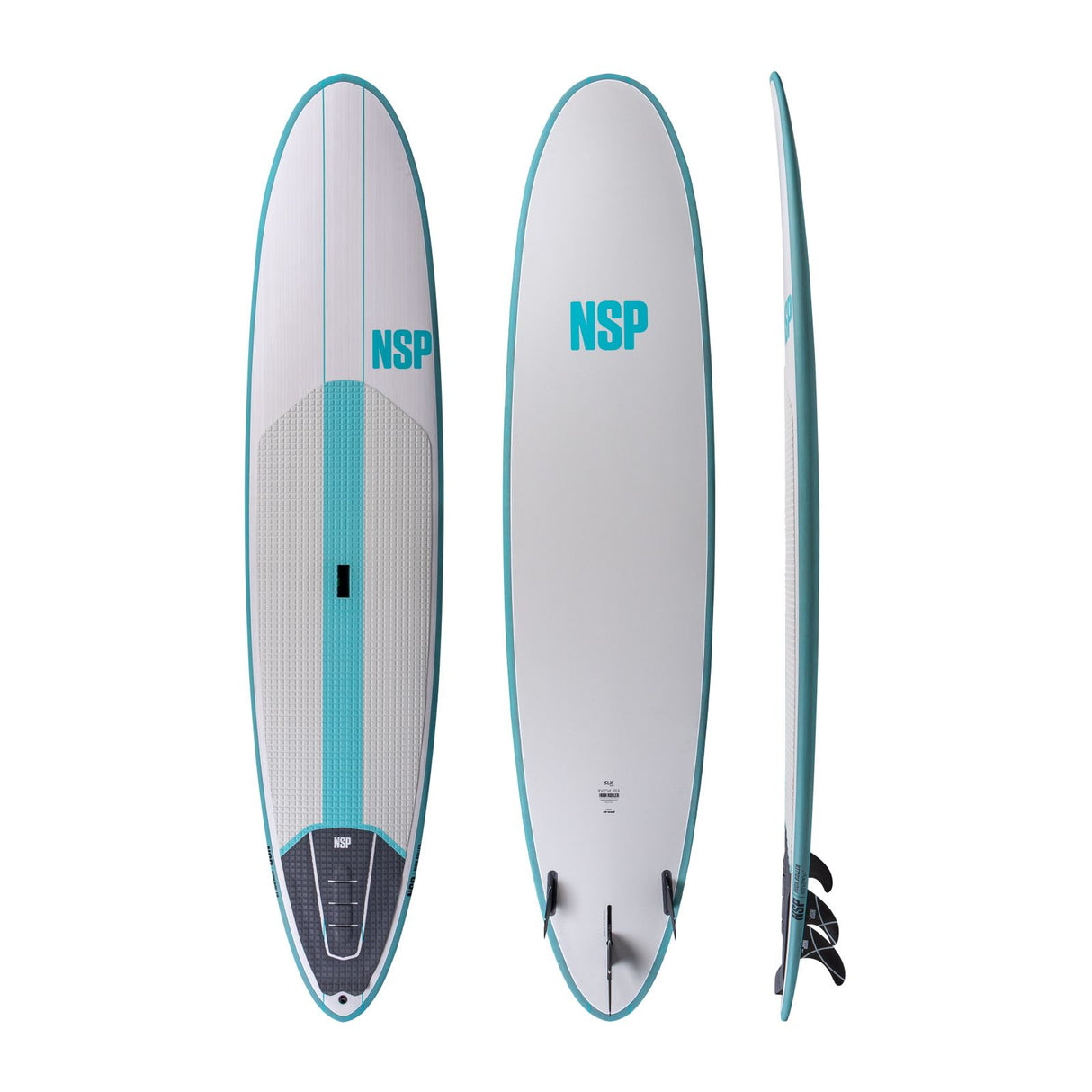 NSP 2026 High Roller Surfboard, weiß mit türkisem Rand und Logo, Draufsicht, Seiten- und Seitenansicht