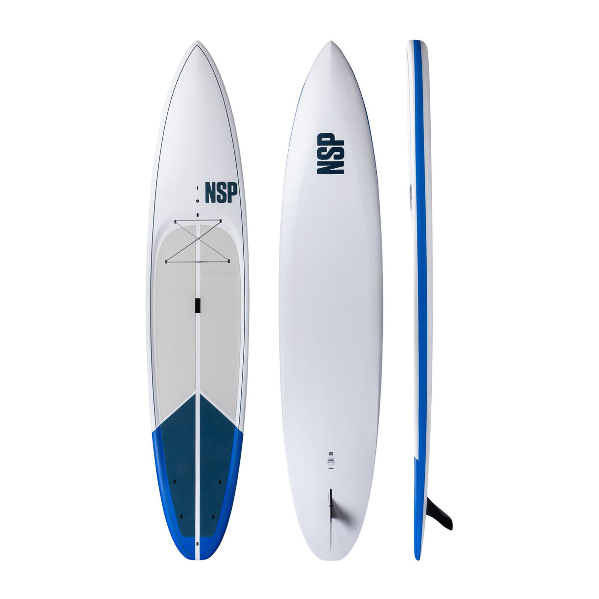 NSP 2026 Journey Surfboard weiß-blau, Draufsicht und Seitenansicht, Fiberglass-Konstruktion