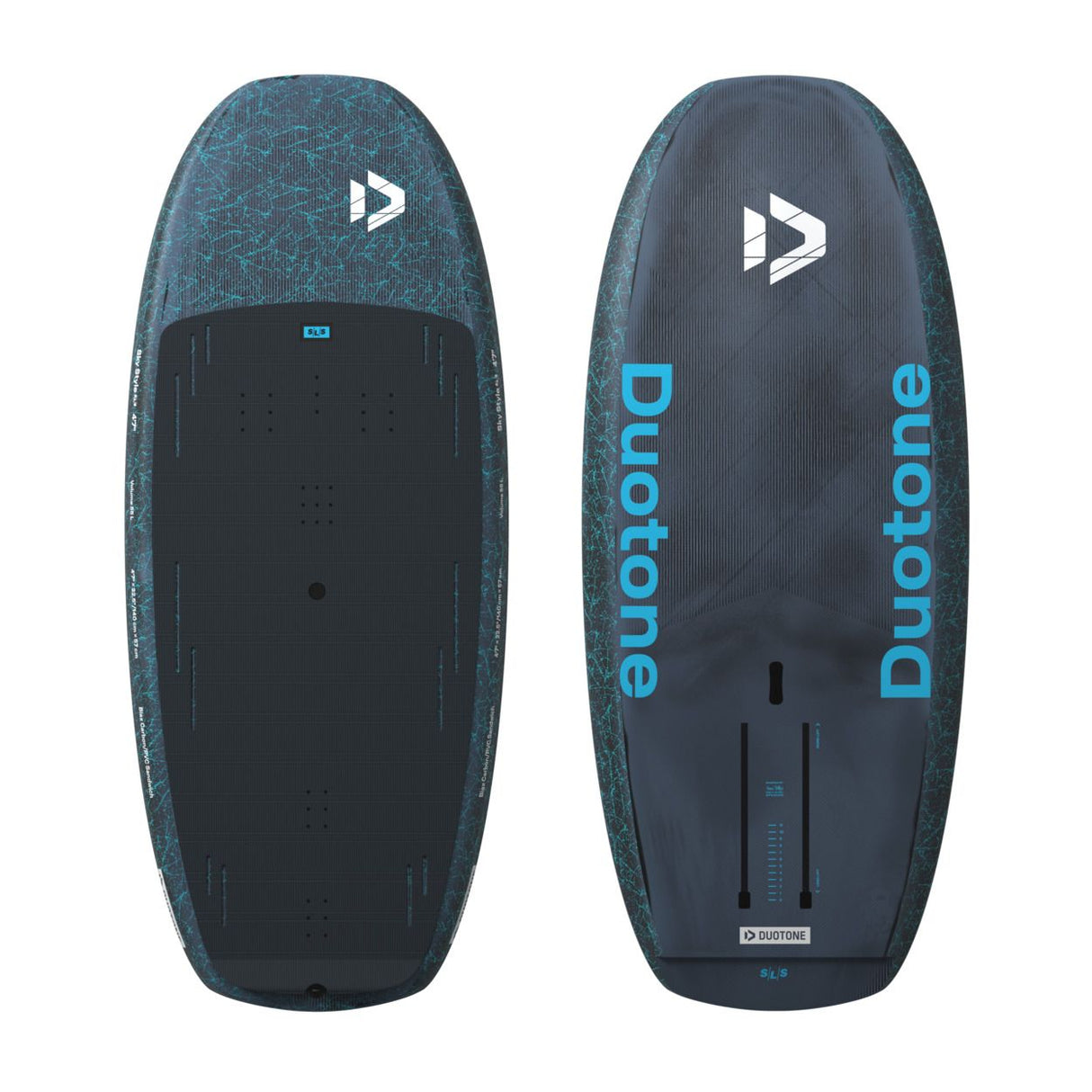 Duotone Sky Style SLS 2027 Wakeboard in Blau-Schwarz, Vorder- und Rückseite, mit Grip-Oberfläche und blauem Logo