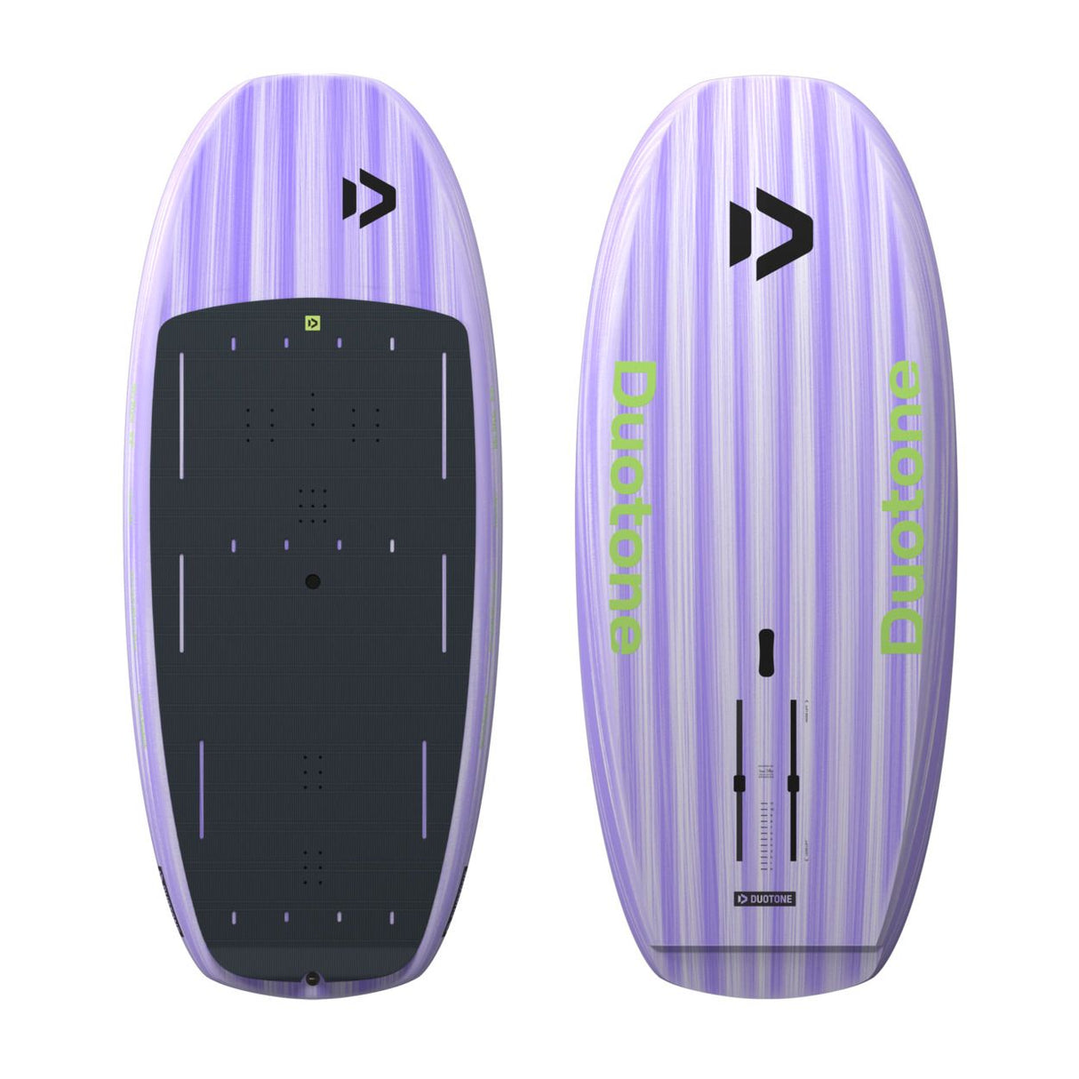 Duotone Sky Style 2027 Wakeboard in Violett mit Streifenmuster, Draufsicht und Unterseite, schwarze Bindungsfläche und grünes Logo sichtbar