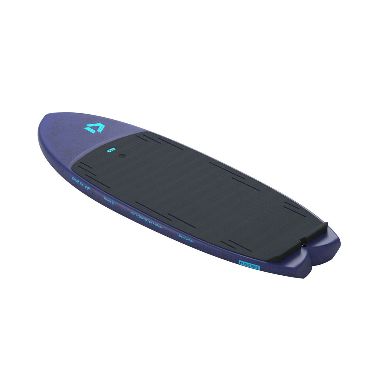 Duotone Crush SLS 2027 Kiteboard in Blau und Schwarz mit schwarzem Pad, Draufsicht