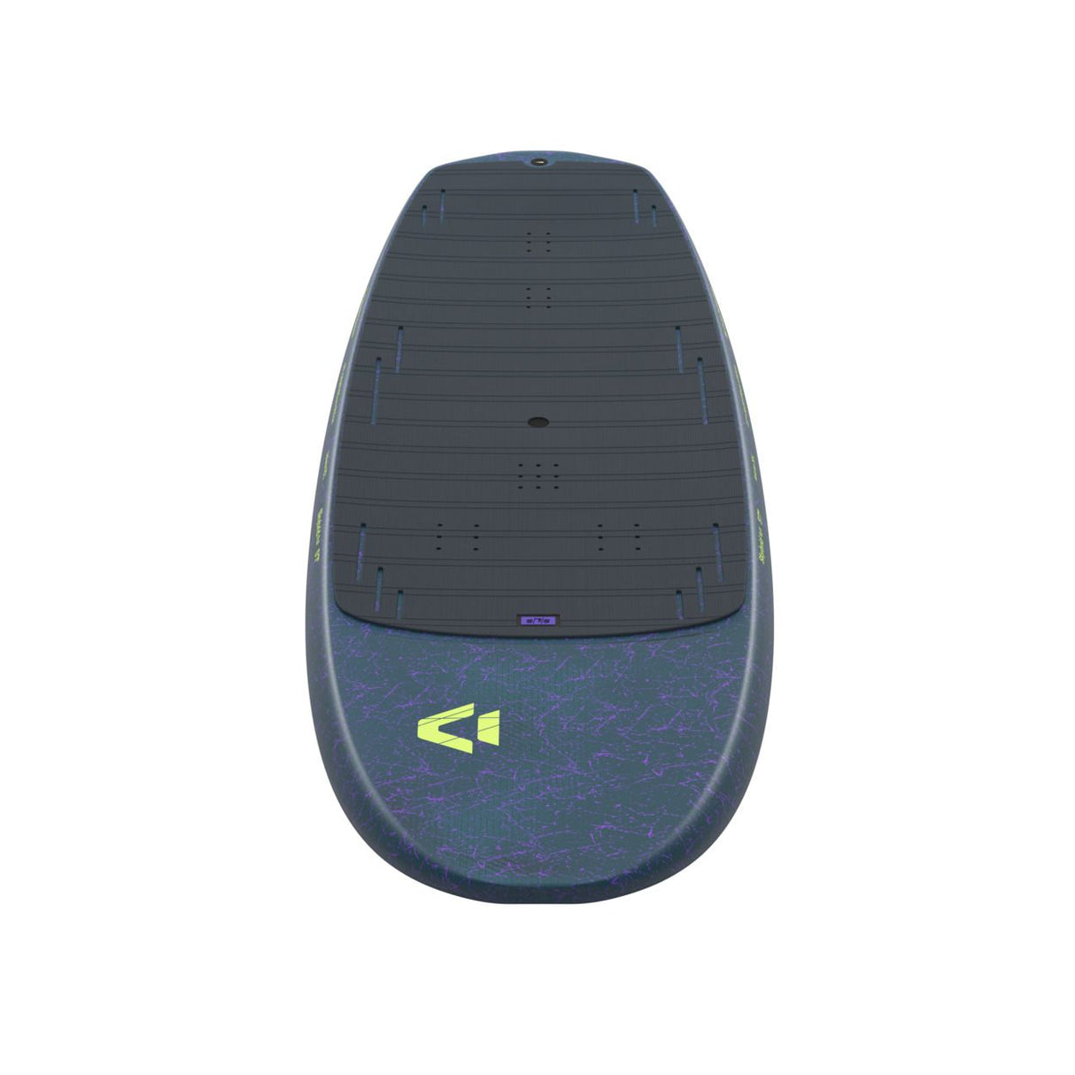 Duotone Skybrid SLS 2027 Kiteboard, Draufsicht, dunkelblau mit neongelben Details und strukturierter Oberfläche