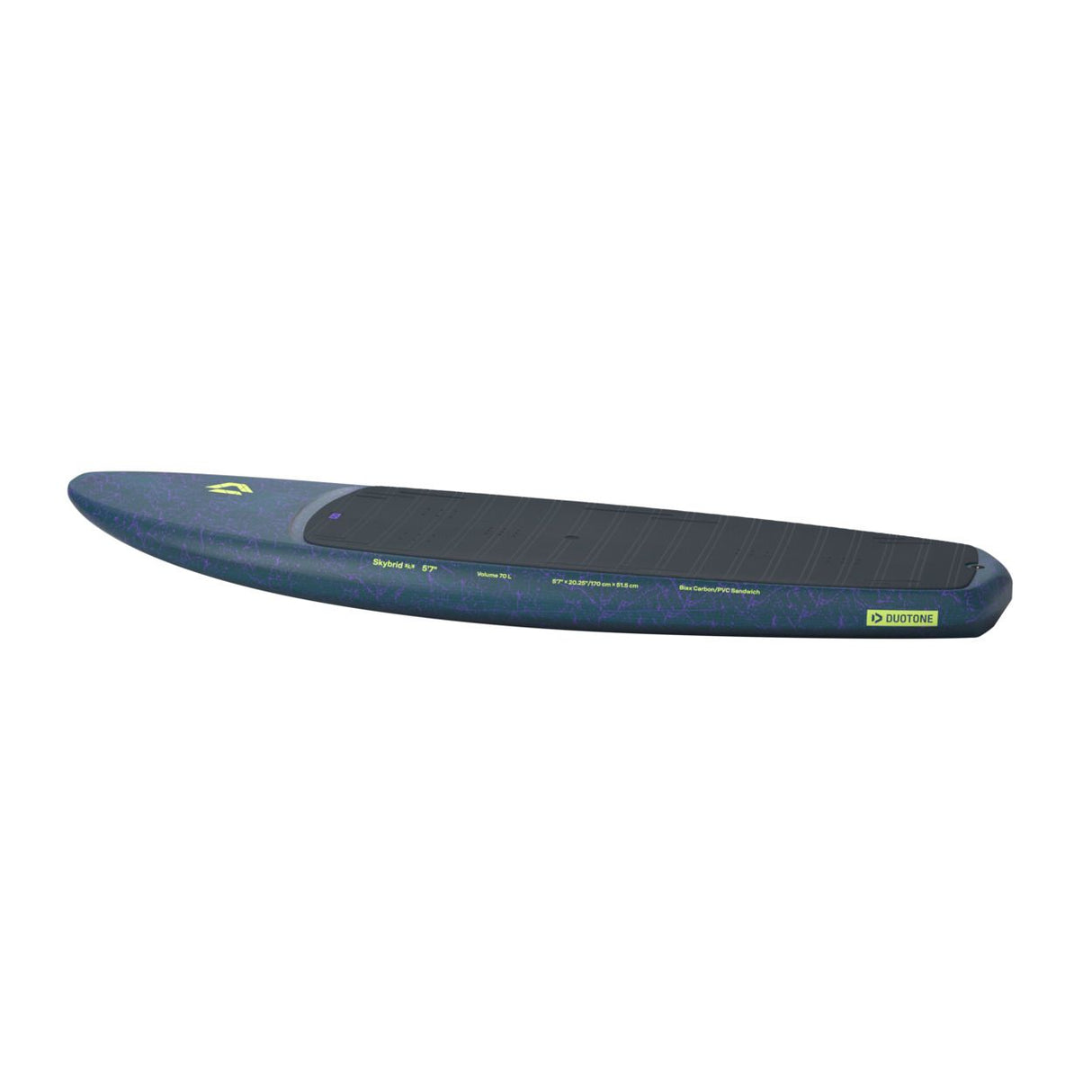 Duotone Skybrid SLS 2027 Kiteboard in Blau und Schwarz, Seitenansicht, modernes Design mit gelbem Branding