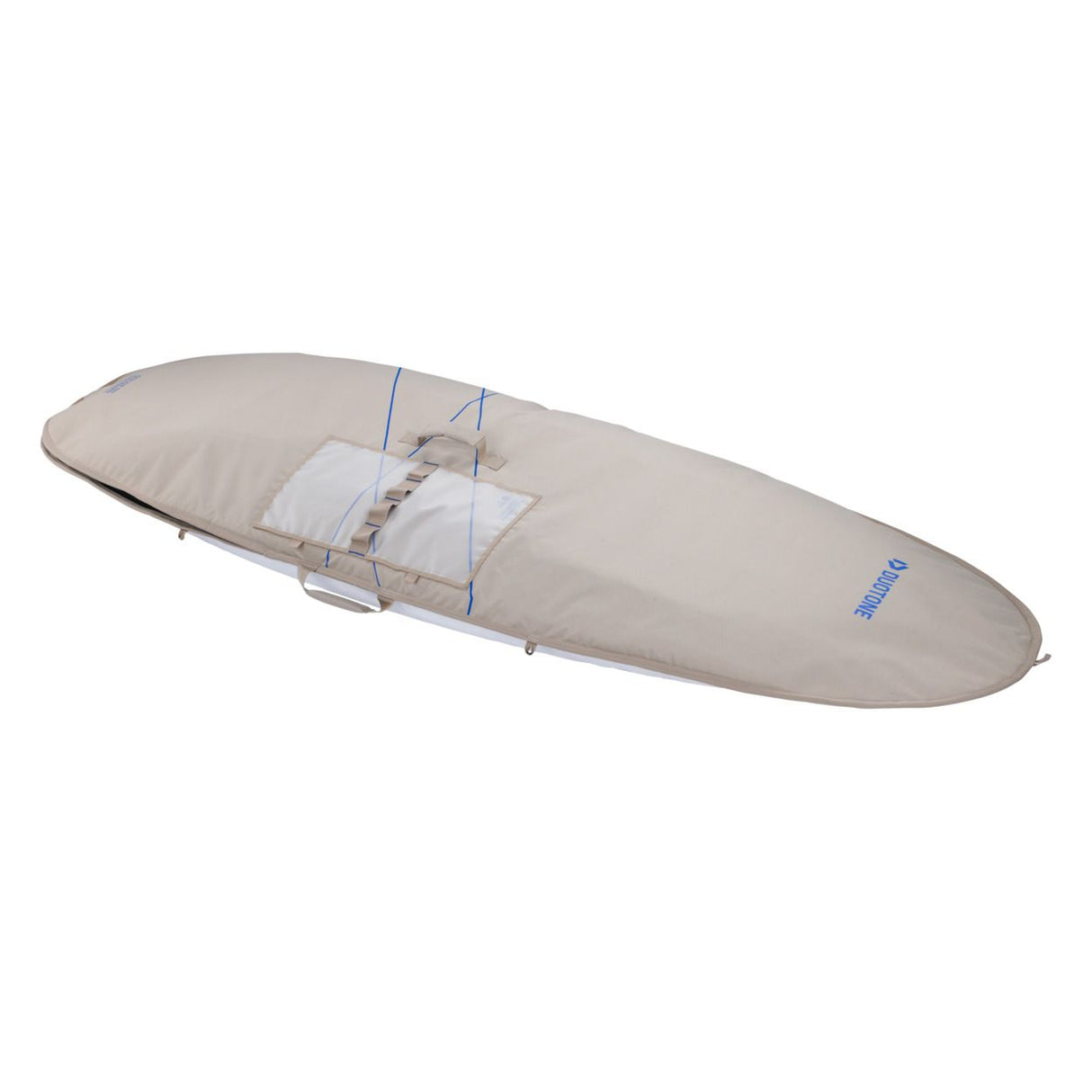 Duotone Boardbag Single Compact 2027 in Beige mit Duotone-Branding, Draufsicht, kompakte Tasche mit Tragegriffen und Verschlusssystem
