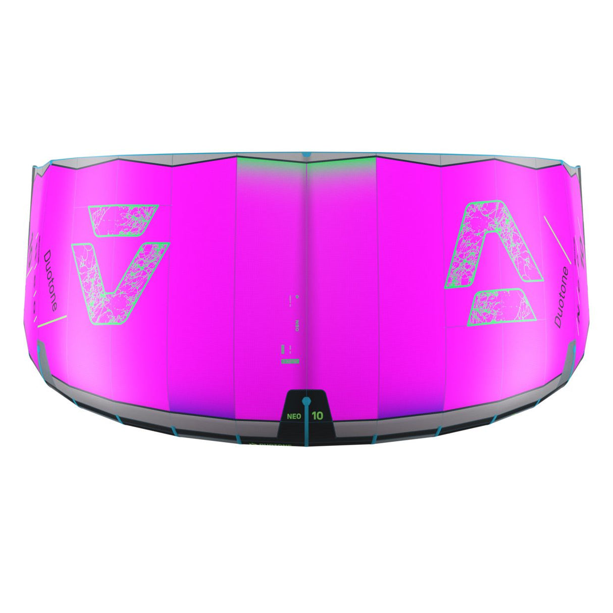Duotone Neo 2027 Kite, Magenta und Grau, gebogene Ansicht von oben mit Duotone-Logo und Größenmarkierungen