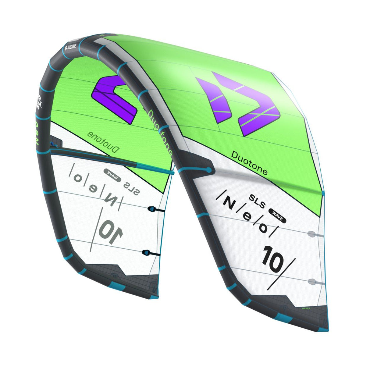 Duotone Neo SLS 2027 Kiteschirm in Neon-Grün und Weiß mit Purple-Akzenten, Frontalansicht