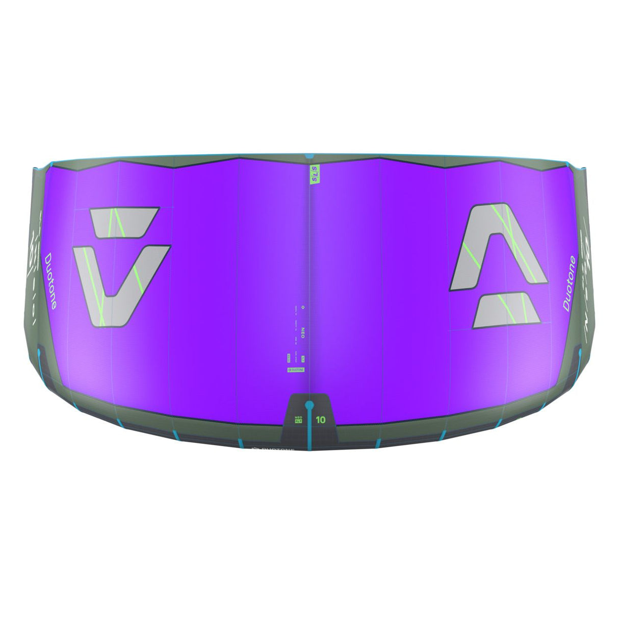 Duotone Neo SLS 2027 Kite violett mit grauem Rahmen, Draufsicht auf aufgeblasene Kitesegel mit Duotone-Logo und Luftkammern