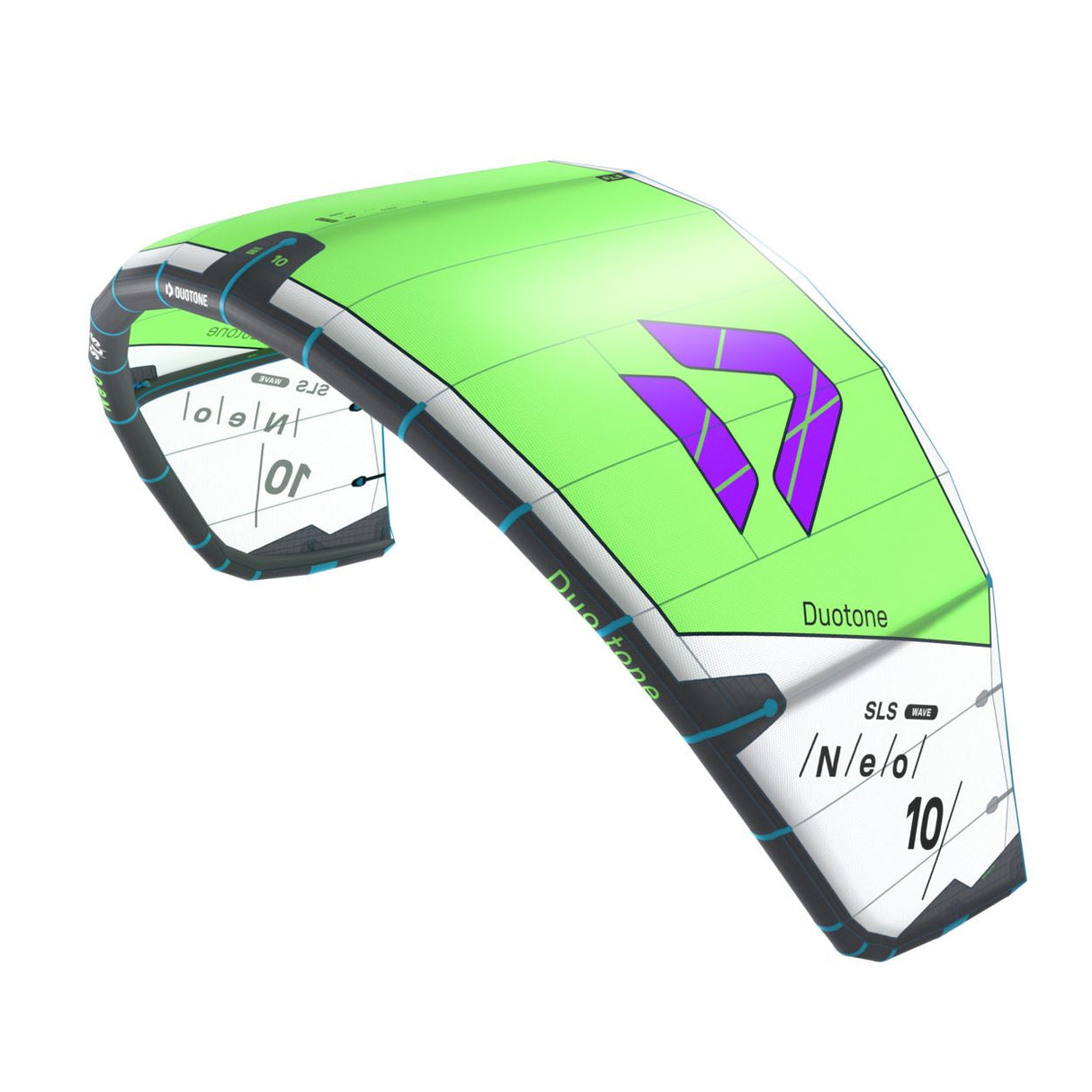 Duotone Neo SLS 2027 Kitesegel in Neongrün mit violettem Logo, Frontalansicht mit Trapez