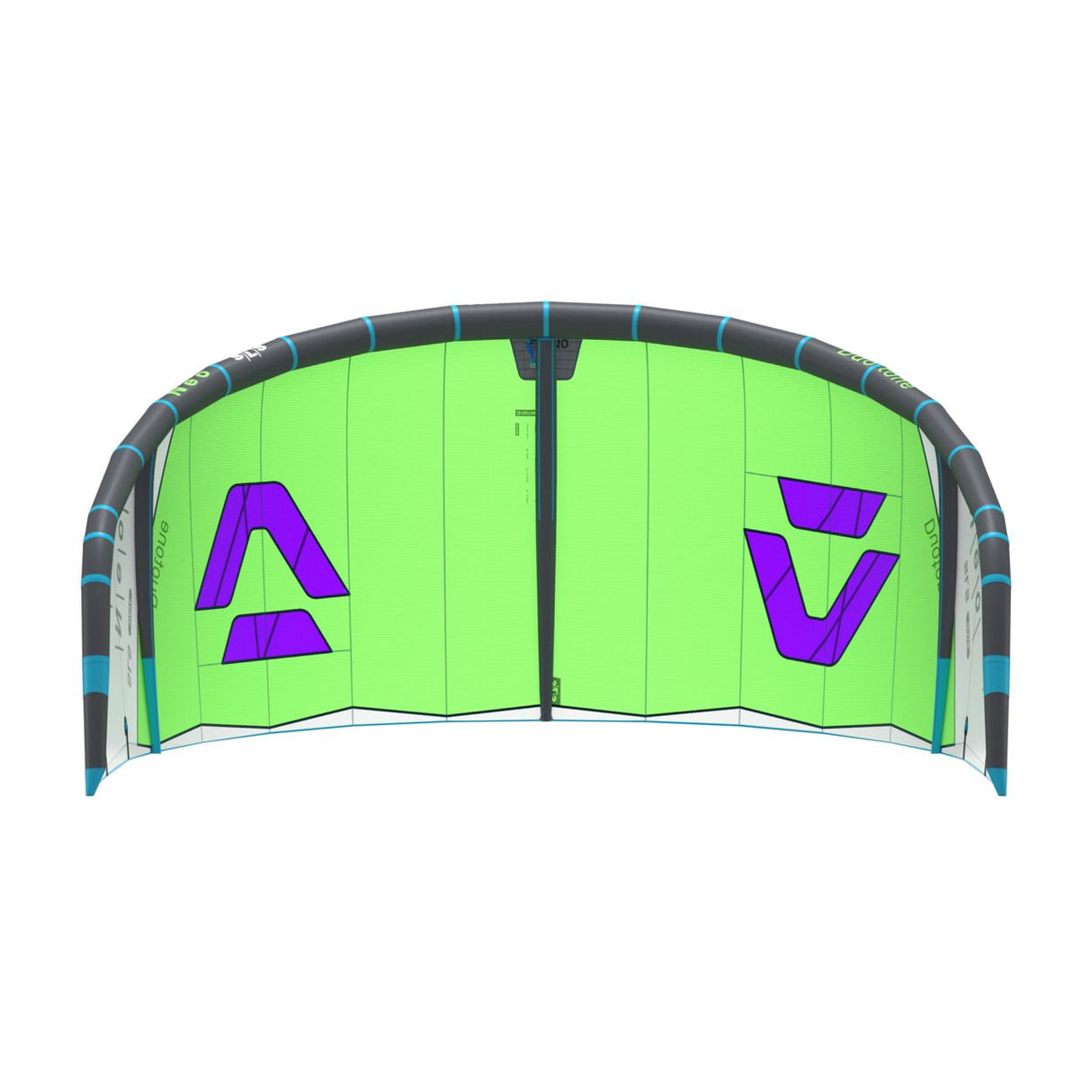 Duotone Neo SLS 2027 Kitesegel in Neongrün mit violetten Logos, Draufsicht
